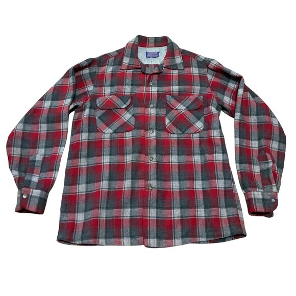 Pendleton Other - Vtg Pendleton Board Shirt Shacket M Loop Collar Red Gray Plaid Virgin Wool USA